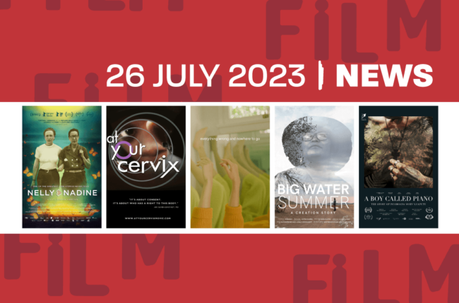 Graphic Header for Bi-Weekly News Update for July 13, 2023. Includes posters for the following films featured in the update: Nelly & Nadine, At Your Cervix, Everything Wrong And Nowhere To Go, Big Water Summer, A Boy Called Piano. #SebDocsNews, #SDFFAlumni, #SDFFPartners